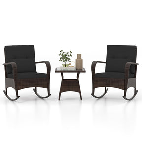 3-Piece Outdoor Wicker Rocking Chair Set, Rattan Bistro Rocker Furniture with Cushions & Pillows, Tempered Glass Coffee Table for Porch Balcony