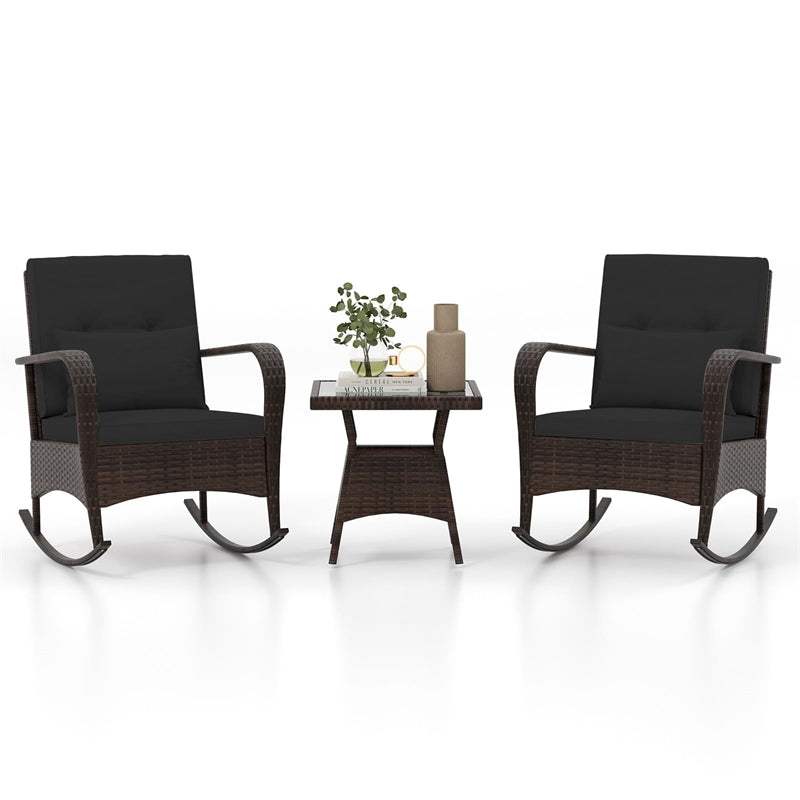 3-Piece Outdoor Wicker Rocking Chair Set, Rattan Bistro Rocker Furniture with Cushions & Pillows, Tempered Glass Coffee Table for Porch Balcony