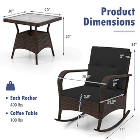 3-Piece Outdoor Wicker Rocking Chair Set, Rattan Bistro Rocker Furniture with Cushions & Pillows, Tempered Glass Coffee Table for Porch Balcony