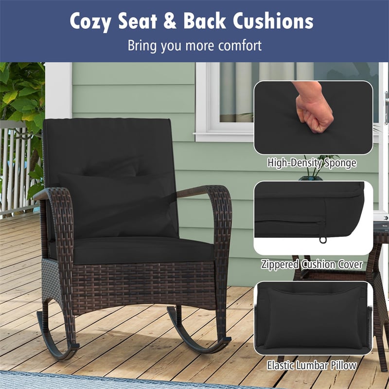 3-Piece Outdoor Wicker Rocking Chair Set, Rattan Bistro Rocker Furniture with Cushions & Pillows, Tempered Glass Coffee Table for Porch Balcony