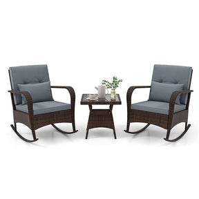3-Piece Outdoor Wicker Rocking Chair Set, Rattan Bistro Rocker Furniture with Cushions & Pillows, Tempered Glass Coffee Table for Porch Balcony