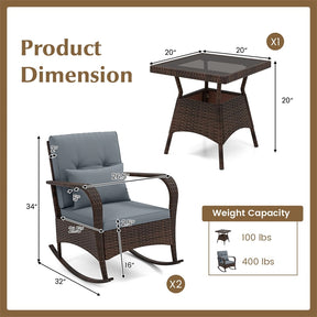 3-Piece Outdoor Wicker Rocking Chair Set, Rattan Bistro Rocker Furniture with Cushions & Pillows, Tempered Glass Coffee Table for Porch Balcony