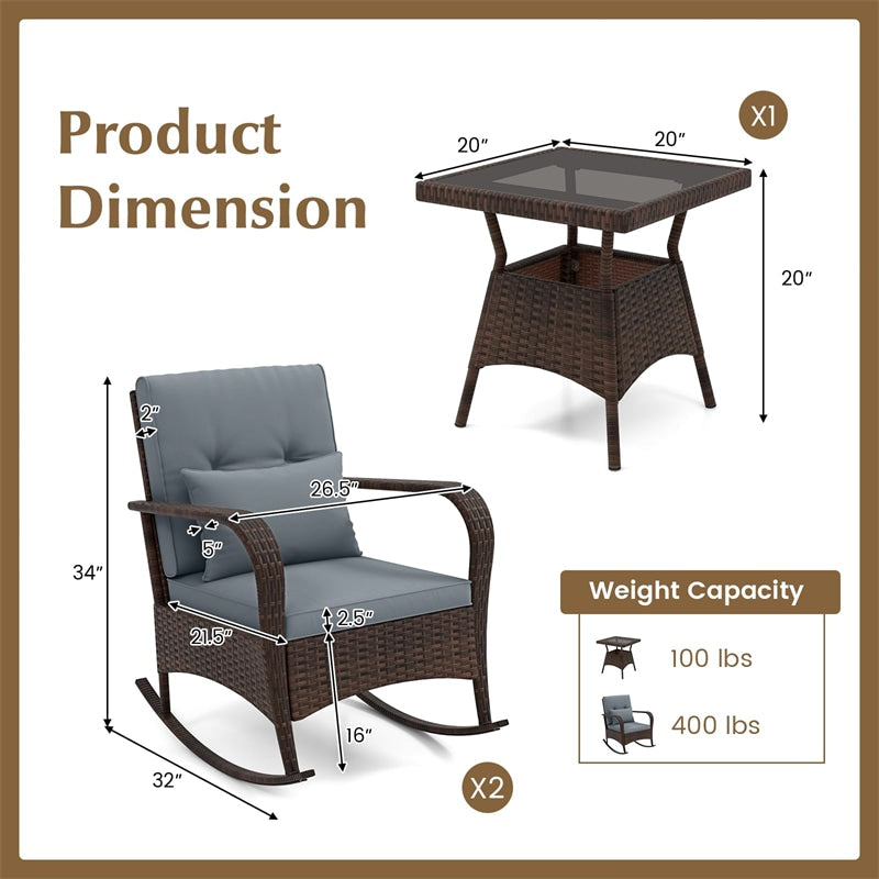 3-Piece Outdoor Wicker Rocking Chair Set, Rattan Bistro Rocker Furniture with Cushions & Pillows, Tempered Glass Coffee Table for Porch Balcony