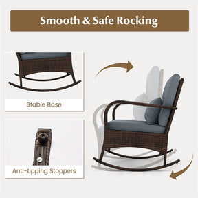 3-Piece Outdoor Wicker Rocking Chair Set, Rattan Bistro Rocker Furniture with Cushions & Pillows, Tempered Glass Coffee Table for Porch Balcony