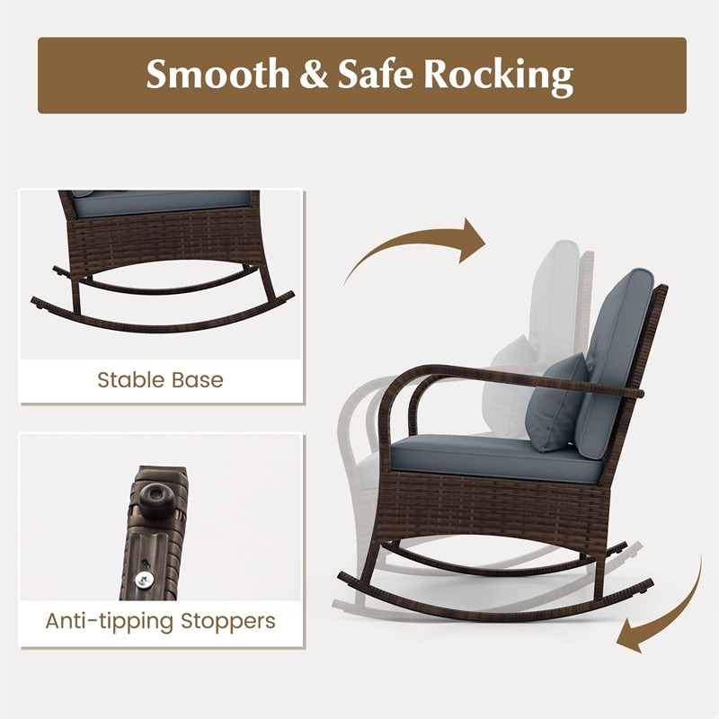 3-Piece Outdoor Wicker Rocking Chair Set, Rattan Bistro Rocker Furniture with Cushions & Pillows, Tempered Glass Coffee Table for Porch Balcony