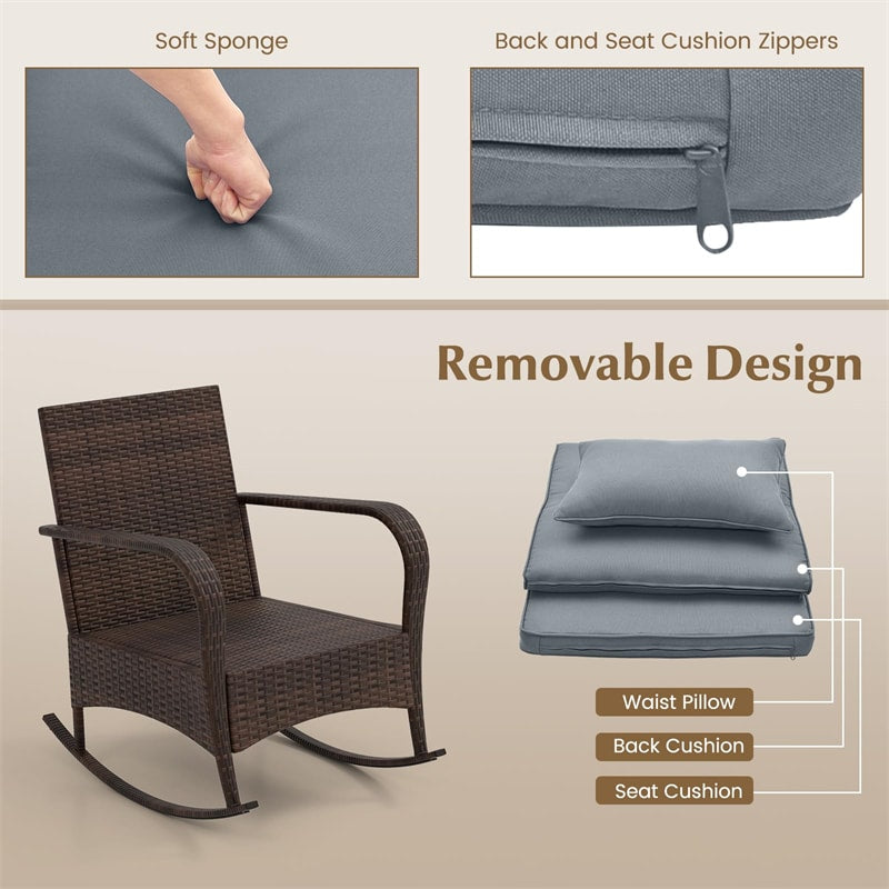 3-Piece Outdoor Wicker Rocking Chair Set, Rattan Bistro Rocker Furniture with Cushions & Pillows, Tempered Glass Coffee Table for Porch Balcony