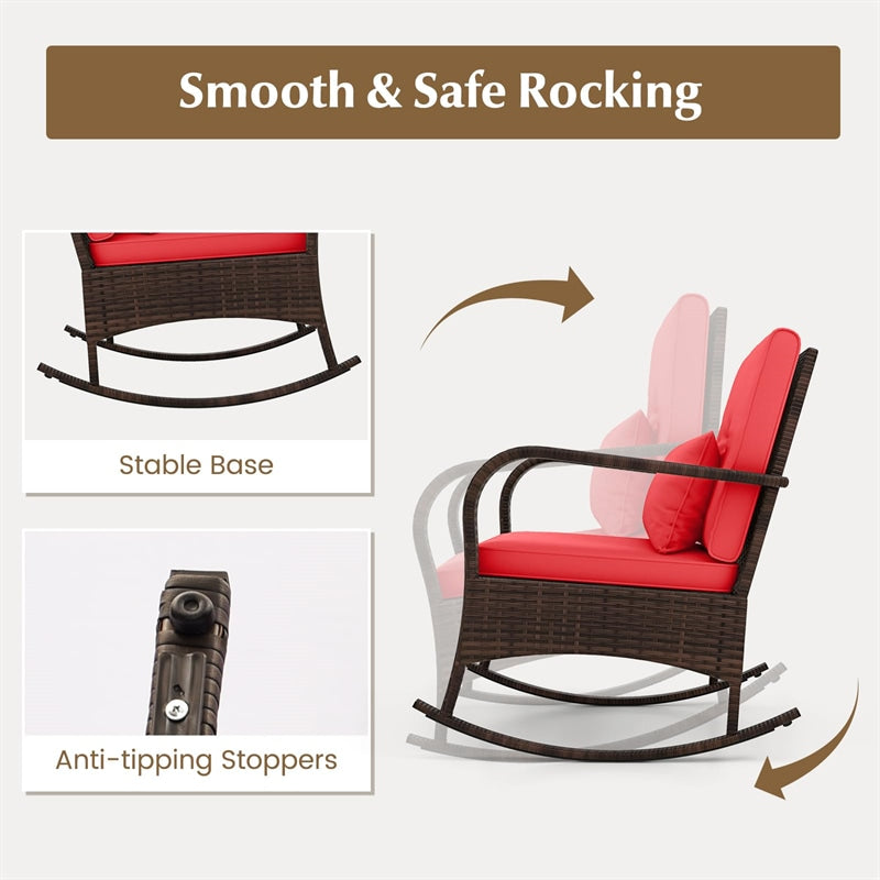 3-Piece Outdoor Wicker Rocking Chair Set, Rattan Bistro Rocker Furniture with Cushions & Pillows, Tempered Glass Coffee Table for Porch Balcony