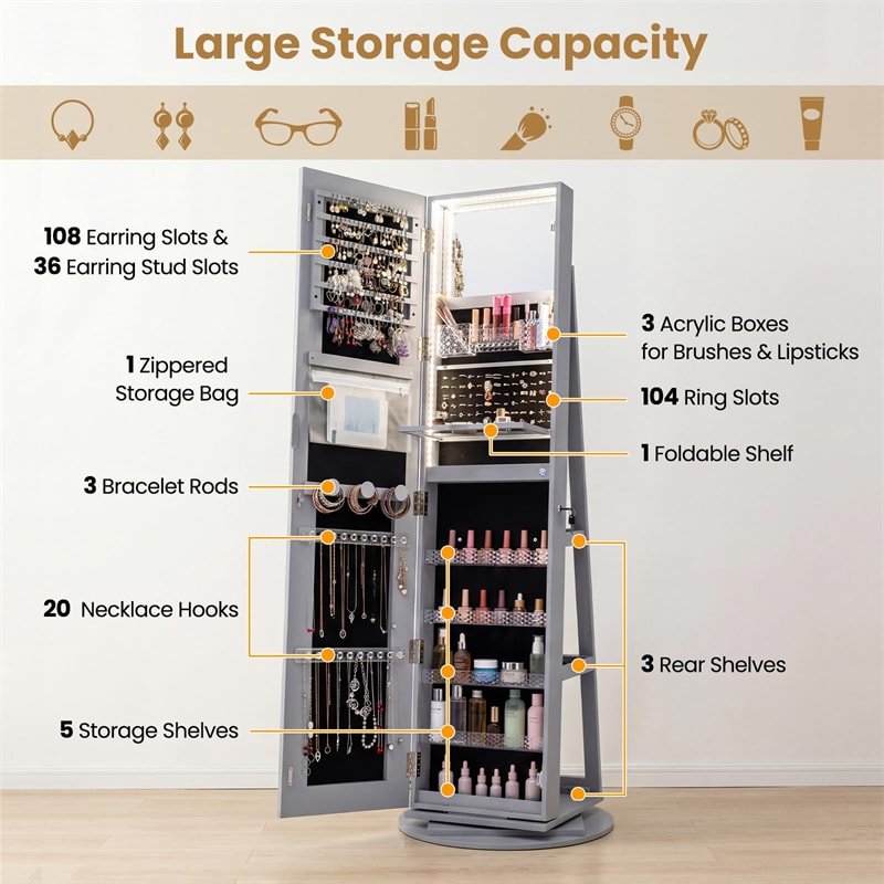 360° Swivel Jewelry Cabinet Armoire w/ Full Length Mirror 3-Color LED Lights & Rear Shelves, Lockable Standing Jewelry Storage Organizer