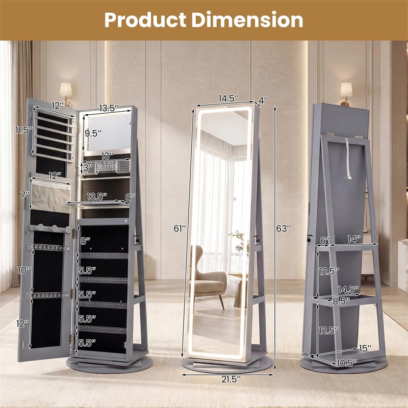 360° Swivel Jewelry Cabinet Armoire w/ Full Length Mirror 3-Color LED Lights & Rear Shelves, Lockable Standing Jewelry Storage Organizer