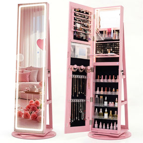 360° Swivel Jewelry Cabinet Armoire w/ Full Length Mirror 3-Color LED Lights & Rear Shelves, Lockable Standing Jewelry Storage Organizer