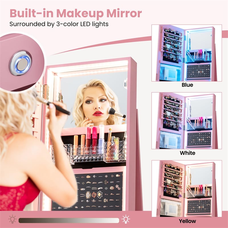 360° Swivel Jewelry Cabinet Armoire w/ Full Length Mirror 3-Color LED Lights & Rear Shelves, Lockable Standing Jewelry Storage Organizer