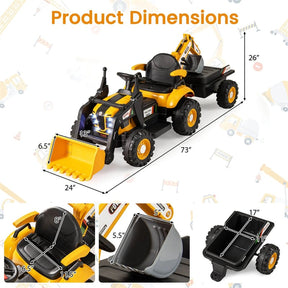 4-in-1 Kids Ride on Tractor, 12V Electric Excavator Bulldozer with Trailer, Digger & Remote Control, Backhoe Construction Vehicle Toy for Ages 3+