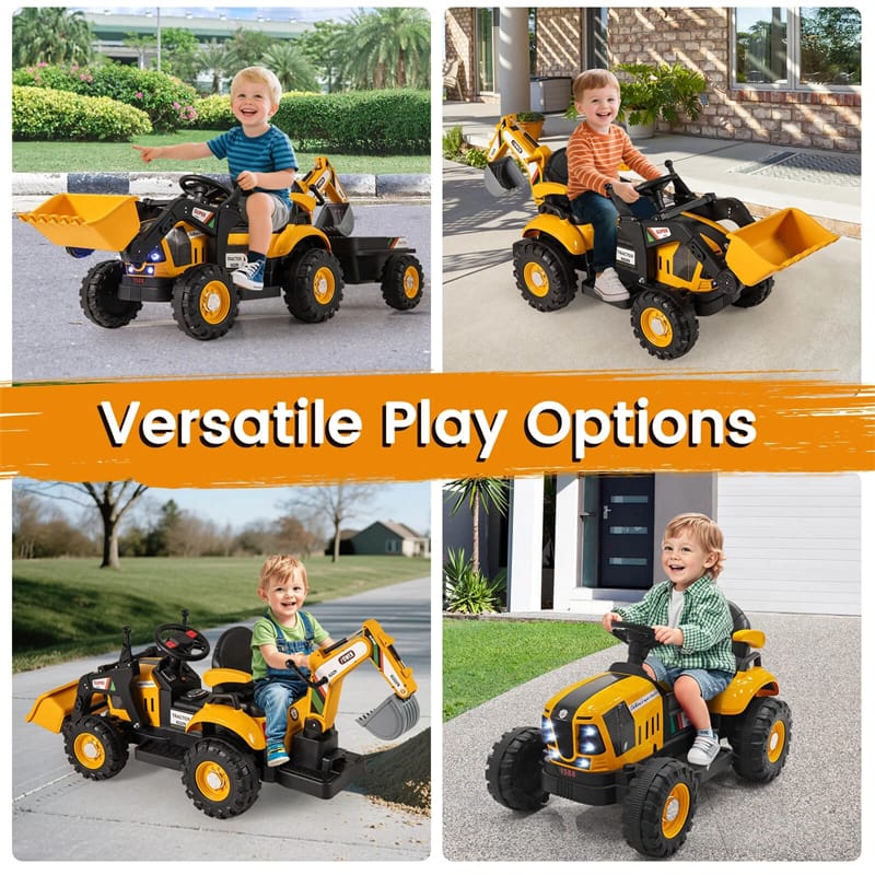 4-in-1 Kids Ride on Tractor, 12V Electric Excavator Bulldozer with Trailer, Digger & Remote Control, Backhoe Construction Vehicle Toy for Ages 3+