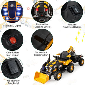4-in-1 Kids Ride on Tractor, 12V Electric Excavator Bulldozer with Trailer, Digger & Remote Control, Backhoe Construction Vehicle Toy for Ages 3+
