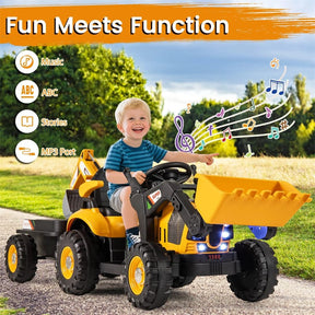 4-in-1 Kids Ride on Tractor, 12V Electric Excavator Bulldozer with Trailer, Digger & Remote Control, Backhoe Construction Vehicle Toy for Ages 3+