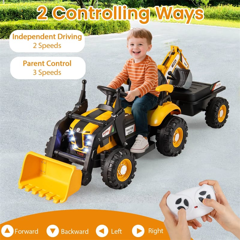 4-in-1 Kids Ride on Tractor, 12V Electric Excavator Bulldozer with Trailer, Digger & Remote Control, Backhoe Construction Vehicle Toy for Ages 3+