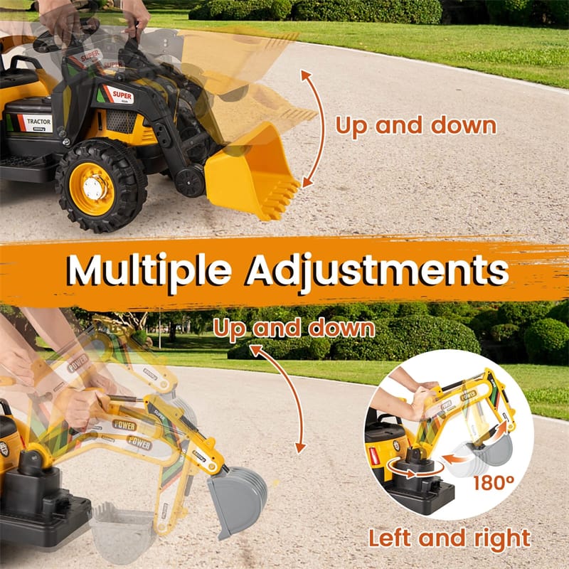 4-in-1 Kids Ride on Tractor, 12V Electric Excavator Bulldozer with Trailer, Digger & Remote Control, Backhoe Construction Vehicle Toy for Ages 3+