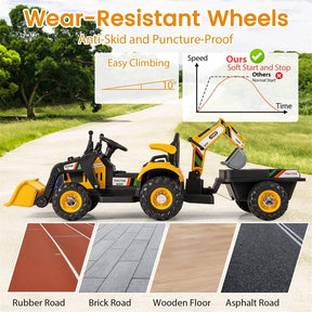 4-in-1 Kids Ride on Tractor, 12V Electric Excavator Bulldozer with Trailer, Digger & Remote Control, Backhoe Construction Vehicle Toy for Ages 3+