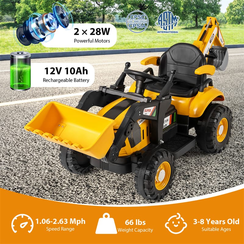4-in-1 Kids Ride on Tractor, 12V Electric Excavator Bulldozer with Trailer, Digger & Remote Control, Backhoe Construction Vehicle Toy for Ages 3+