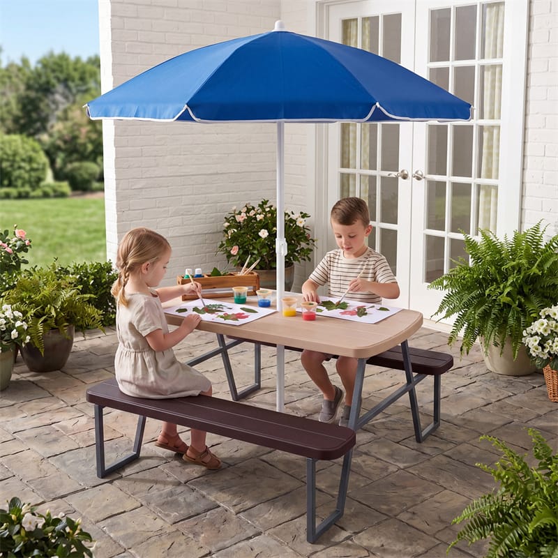 4-Person Kids HDPE Picnic Table Bench Set with Removable Umbrella