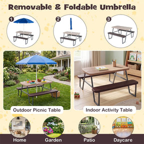 4 Person Kids Picnic Table Bench Set with Removable Umbrella, HDPE Tabletop & Metal Frame, Toddler Outdoor Furniture for Patio Backyard Garden
