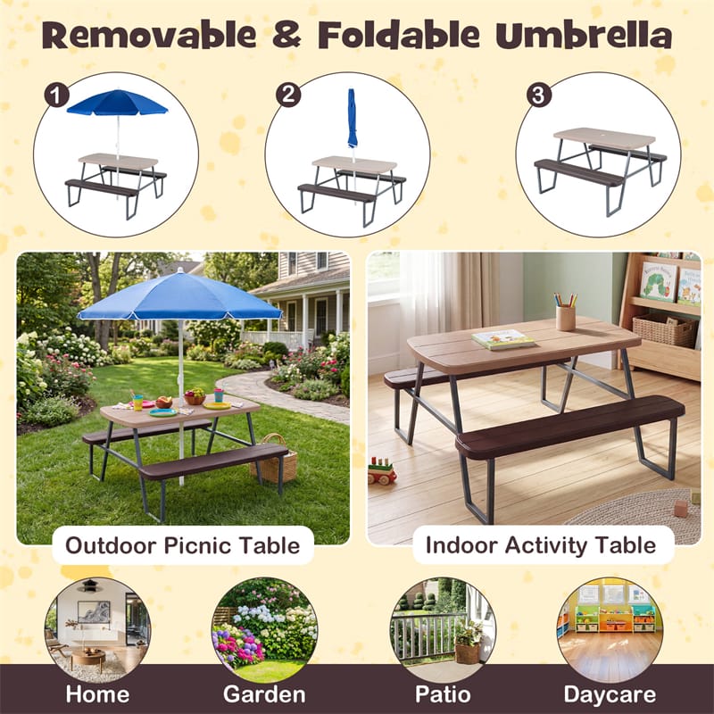 4 Person Kids Picnic Table Bench Set with Removable Umbrella, HDPE Tabletop & Metal Frame, Toddler Outdoor Furniture for Patio Backyard Garden