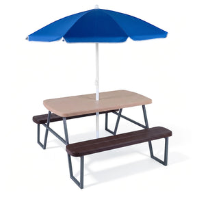 4 Person Kids Picnic Table Bench Set with Removable Umbrella, HDPE Tabletop & Metal Frame, Toddler Outdoor Furniture for Patio Backyard Garden