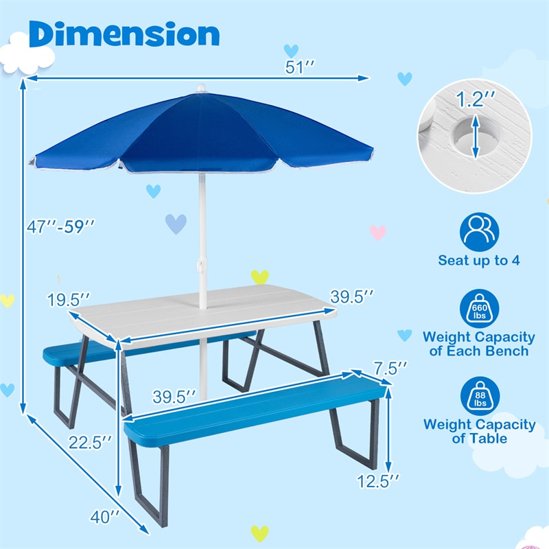 4 Person Kids Picnic Table Bench Set with Removable Umbrella, HDPE Tabletop & Metal Frame, Toddler Outdoor Furniture for Patio Backyard Garden