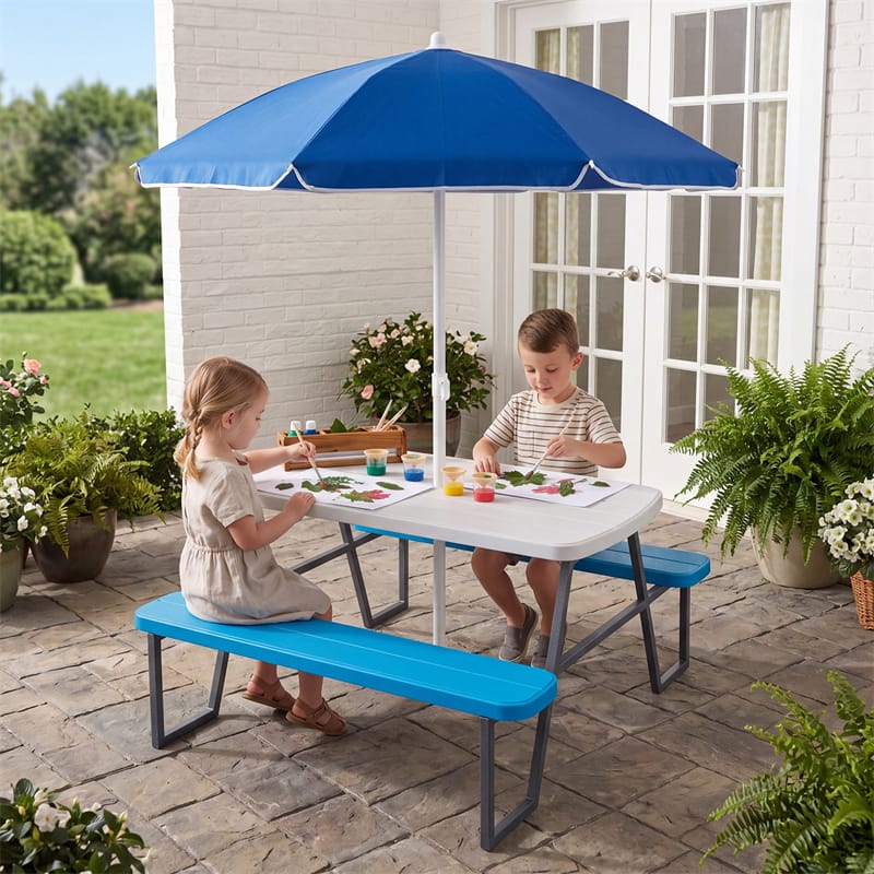 4 Person Kids Picnic Table Bench Set with Removable Umbrella, HDPE Tabletop & Metal Frame, Toddler Outdoor Furniture for Patio Backyard Garden