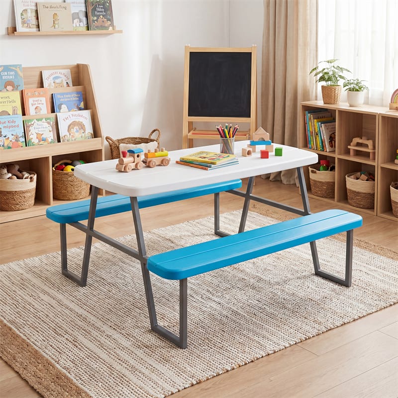 4 Person Kids Picnic Table Bench Set with Removable Umbrella, HDPE Tabletop & Metal Frame, Toddler Outdoor Furniture for Patio Backyard Garden