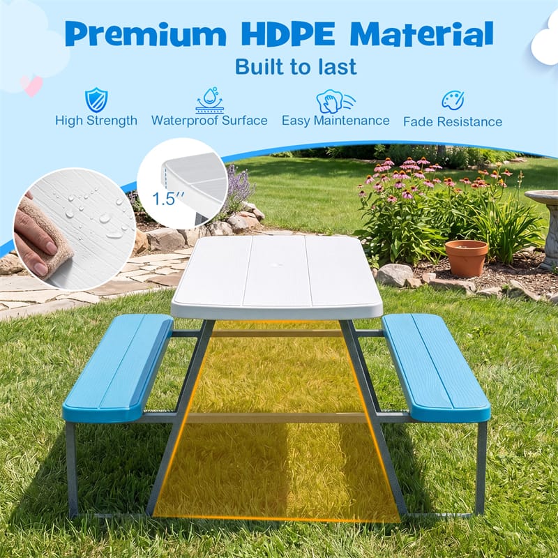 4 Person Kids Picnic Table Bench Set with Removable Umbrella, HDPE Tabletop & Metal Frame, Toddler Outdoor Furniture for Patio Backyard Garden