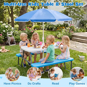 4 Person Kids Picnic Table Bench Set with Removable Umbrella, HDPE Tabletop & Metal Frame, Toddler Outdoor Furniture for Patio Backyard Garden