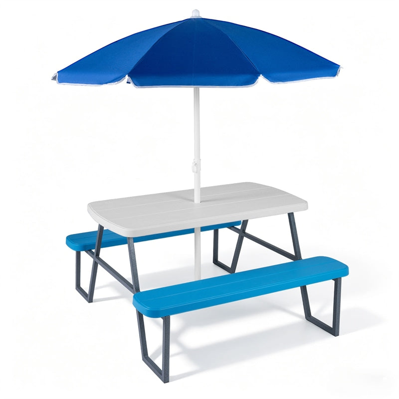 4 Person Kids Picnic Table Bench Set with Removable Umbrella, HDPE Tabletop & Metal Frame, Toddler Outdoor Furniture for Patio Backyard Garden