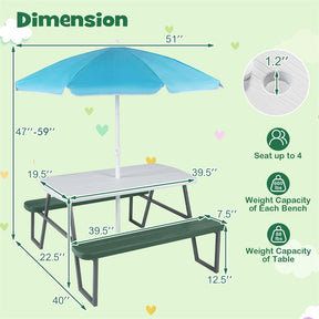 4 Person Kids Picnic Table Bench Set with Removable Umbrella, HDPE Tabletop & Metal Frame, Toddler Outdoor Furniture for Patio Backyard Garden