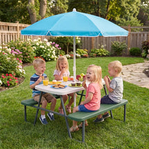 4 Person Kids Picnic Table Bench Set with Removable Umbrella, HDPE Tabletop & Metal Frame, Toddler Outdoor Furniture for Patio Backyard Garden