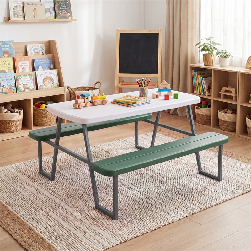4 Person Kids Picnic Table Bench Set with Removable Umbrella, HDPE Tabletop & Metal Frame, Toddler Outdoor Furniture for Patio Backyard Garden