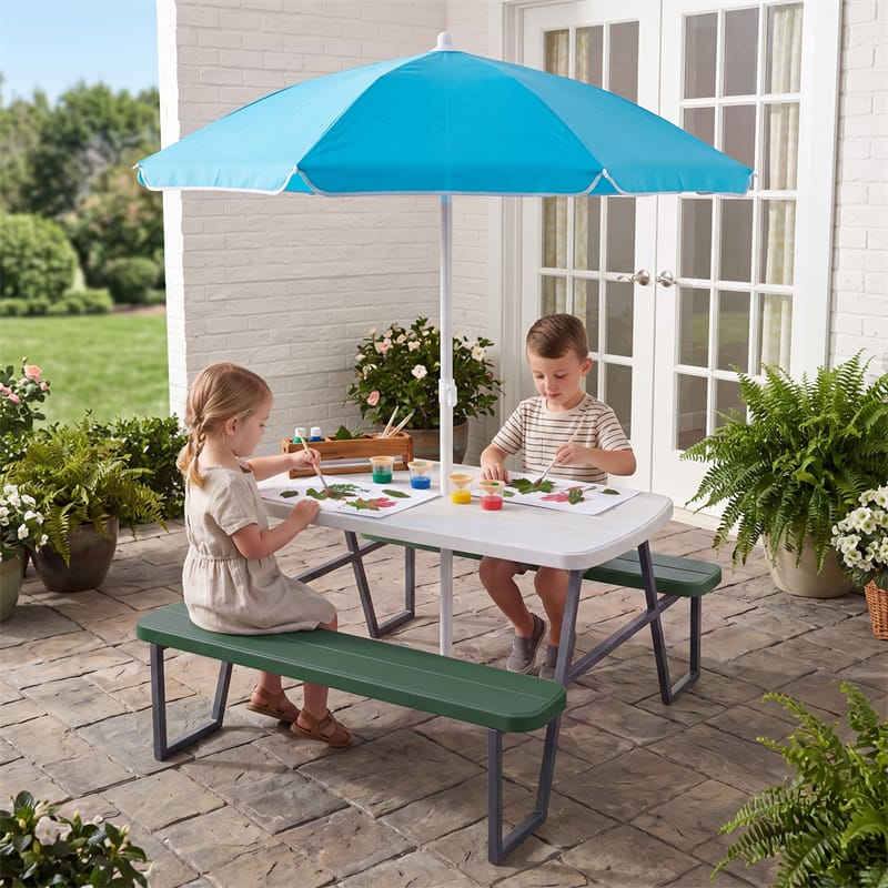 4 Person Kids Picnic Table Bench Set with Removable Umbrella, HDPE Tabletop & Metal Frame, Toddler Outdoor Furniture for Patio Backyard Garden