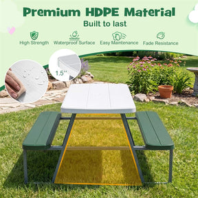 4 Person Kids Picnic Table Bench Set with Removable Umbrella, HDPE Tabletop & Metal Frame, Toddler Outdoor Furniture for Patio Backyard Garden