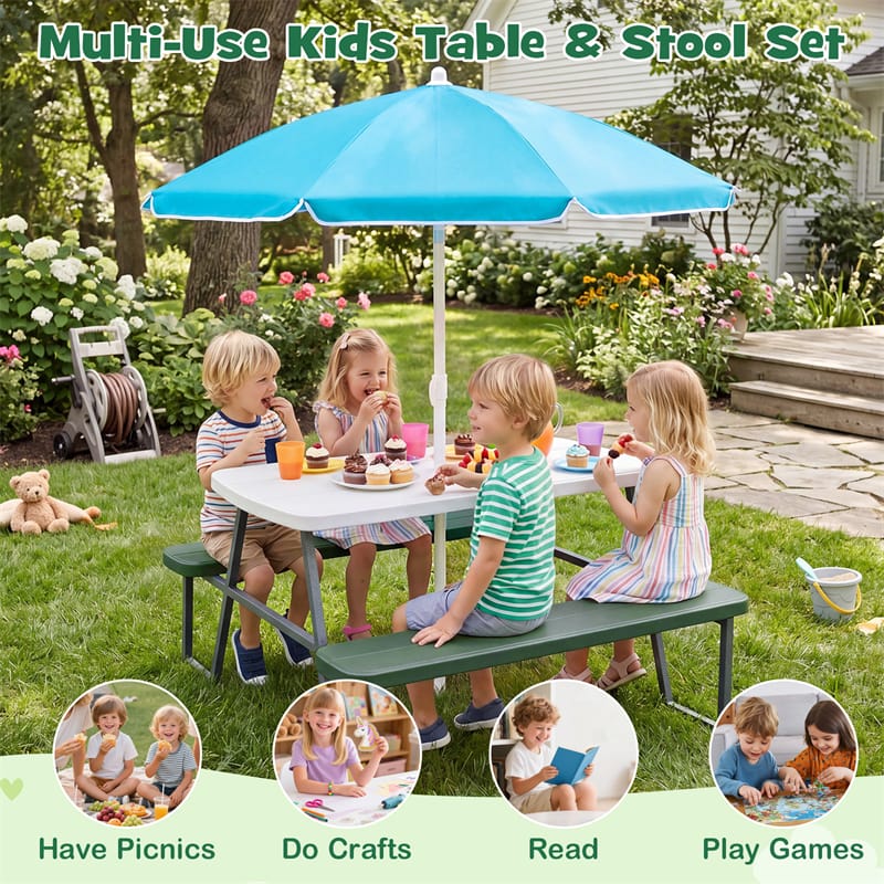 4 Person Kids Picnic Table Bench Set with Removable Umbrella, HDPE Tabletop & Metal Frame, Toddler Outdoor Furniture for Patio Backyard Garden