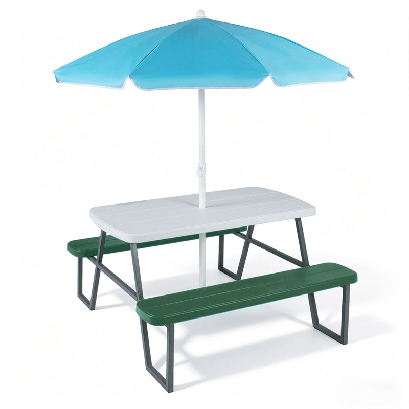 4 Person Kids Picnic Table Bench Set with Removable Umbrella, HDPE Tabletop & Metal Frame, Toddler Outdoor Furniture for Patio Backyard Garden