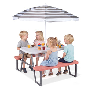 4 Person Kids Picnic Table Bench Set with Removable Umbrella, HDPE Tabletop & Metal Frame, Toddler Outdoor Furniture for Patio Backyard Garden