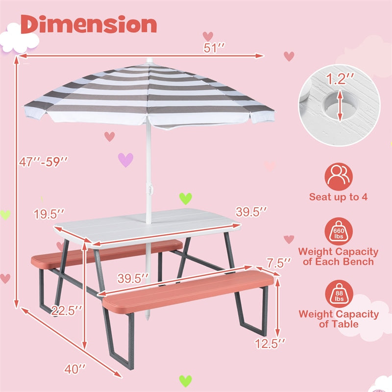 4 Person Kids Picnic Table Bench Set with Removable Umbrella, HDPE Tabletop & Metal Frame, Toddler Outdoor Furniture for Patio Backyard Garden