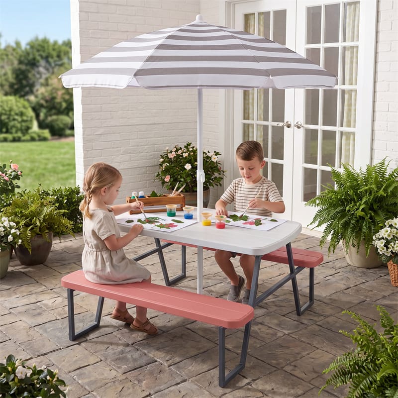 4 Person Kids Picnic Table Bench Set with Removable Umbrella, HDPE Tabletop & Metal Frame, Toddler Outdoor Furniture for Patio Backyard Garden
