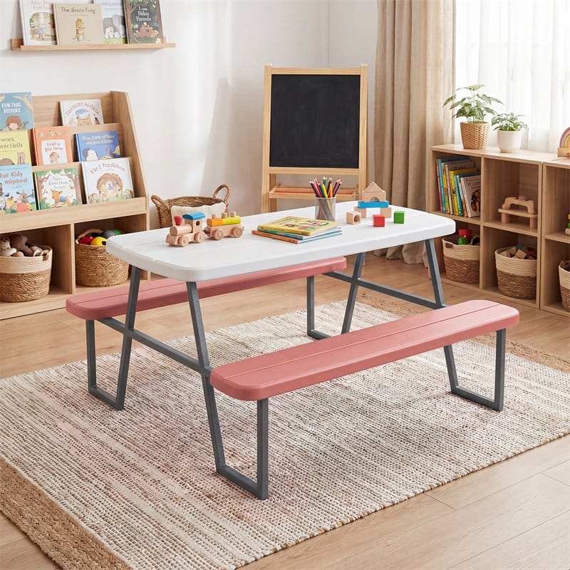 4 Person Kids Picnic Table Bench Set with Removable Umbrella, HDPE Tabletop & Metal Frame, Toddler Outdoor Furniture for Patio Backyard Garden