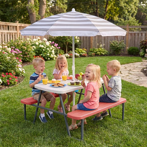 4 Person Kids Picnic Table Bench Set with Removable Umbrella, HDPE Tabletop & Metal Frame, Toddler Outdoor Furniture for Patio Backyard Garden