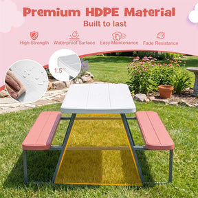 4 Person Kids Picnic Table Bench Set with Removable Umbrella, HDPE Tabletop & Metal Frame, Toddler Outdoor Furniture for Patio Backyard Garden