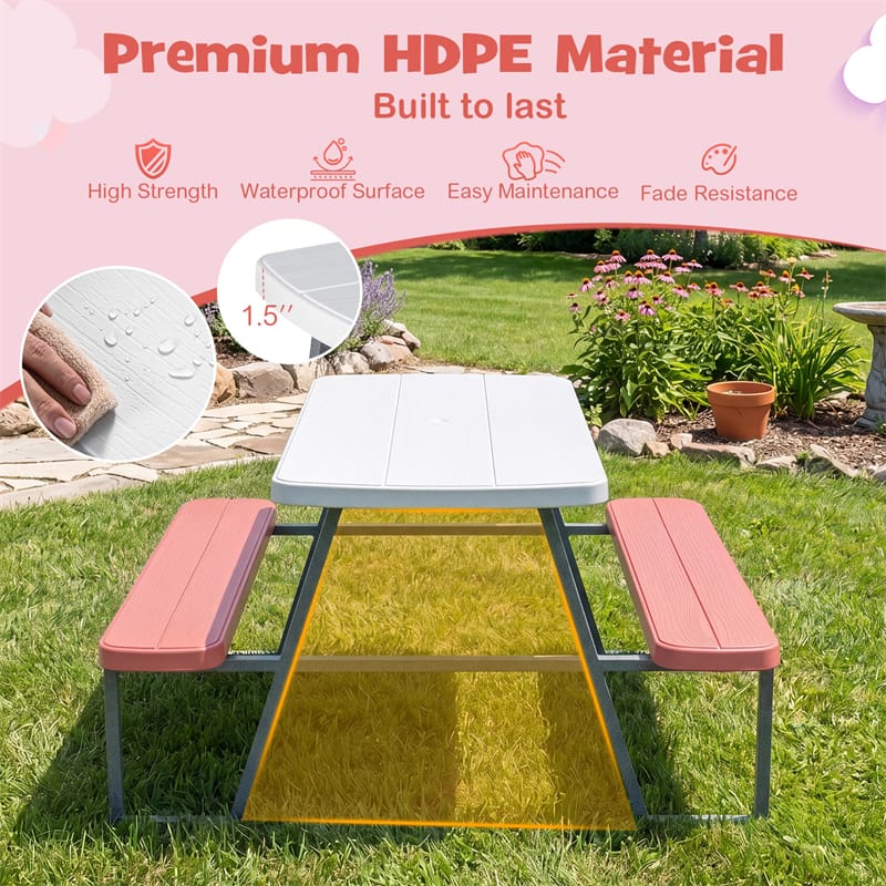 4 Person Kids Picnic Table Bench Set with Removable Umbrella, HDPE Tabletop & Metal Frame, Toddler Outdoor Furniture for Patio Backyard Garden