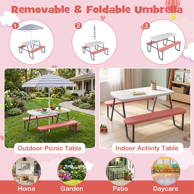 4 Person Kids Picnic Table Bench Set with Removable Umbrella, HDPE Tabletop & Metal Frame, Toddler Outdoor Furniture for Patio Backyard Garden