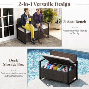 40 Gallon Outdoor Wicker Storage Bench with Cushion & Cover, Metal Frame Patio Deck Box Seat, Rattan Loveseat for Garden, Poolside