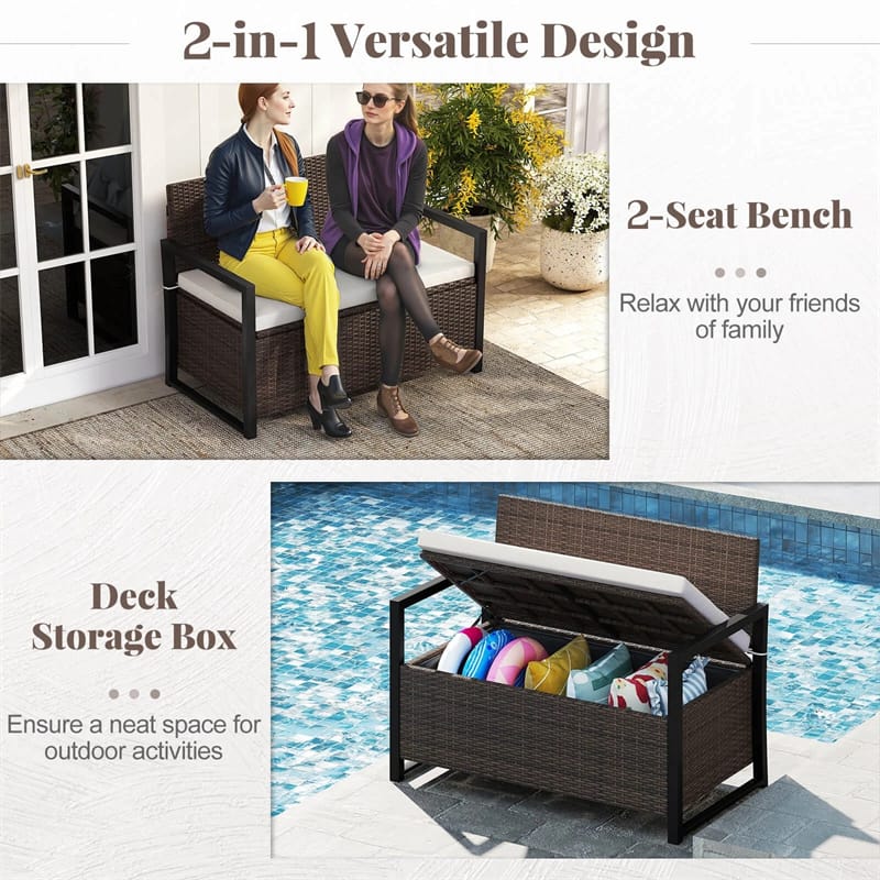 40 Gallon Outdoor Wicker Storage Bench with Cushion & Cover, Metal Frame Patio Deck Box Seat, Rattan Loveseat for Garden, Poolside